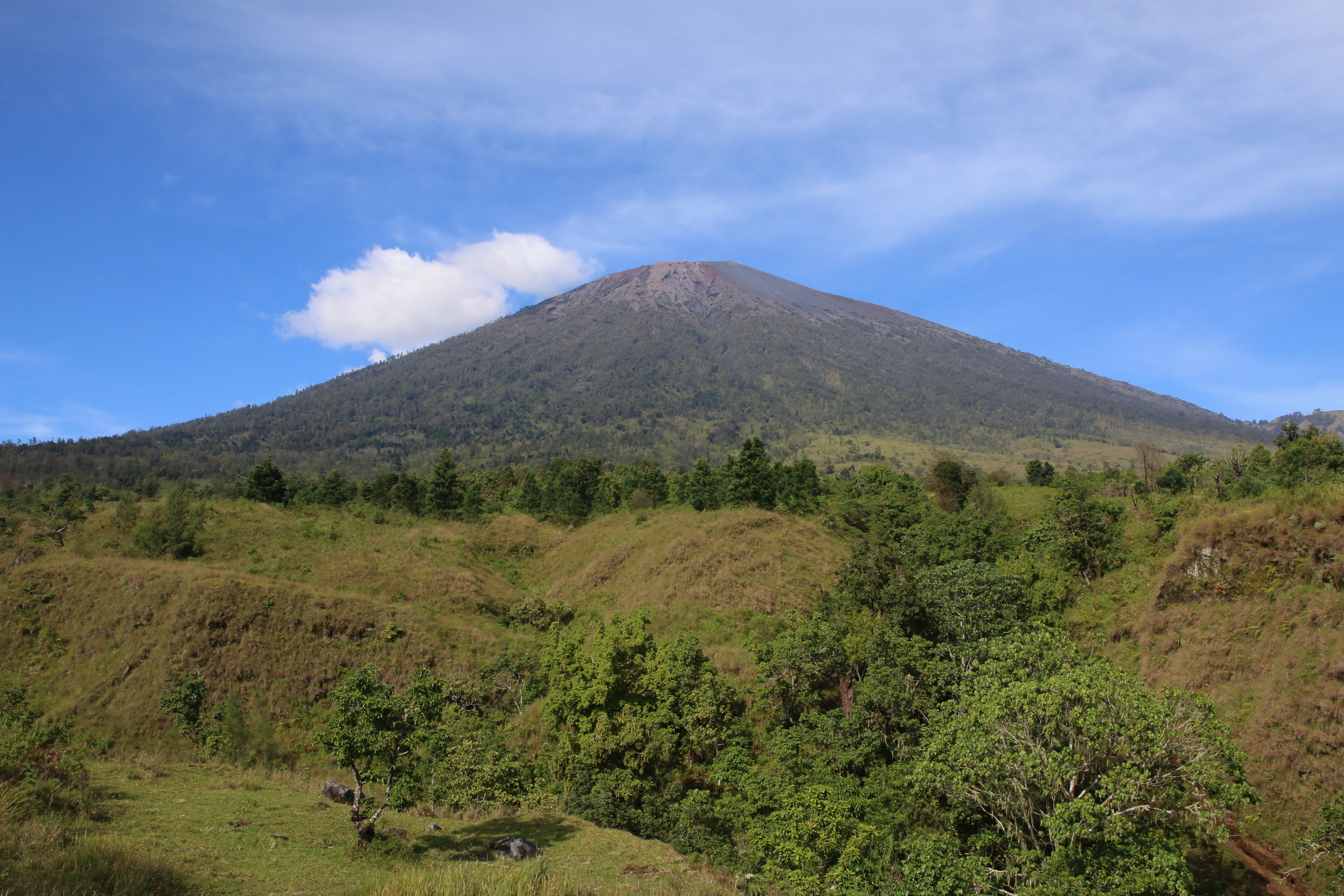 Mount Rinjani rising above the Sembalun trail and highland landscape, East Lombok