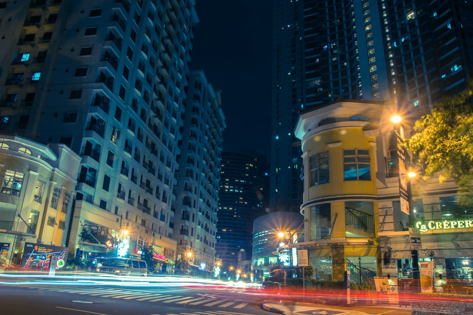 BGC skyline at night with light trails
