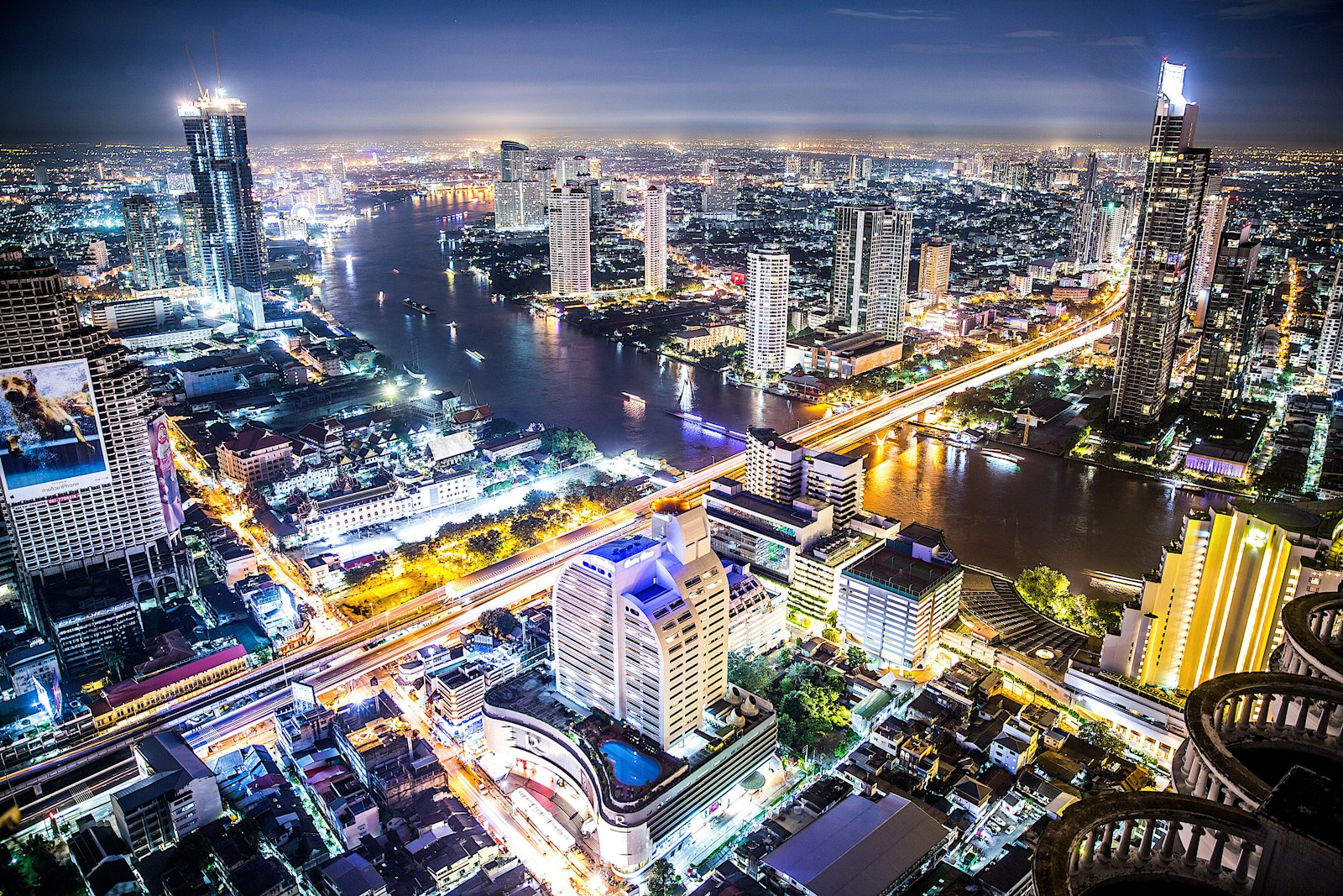 Bangkok cityscape at night from altitude