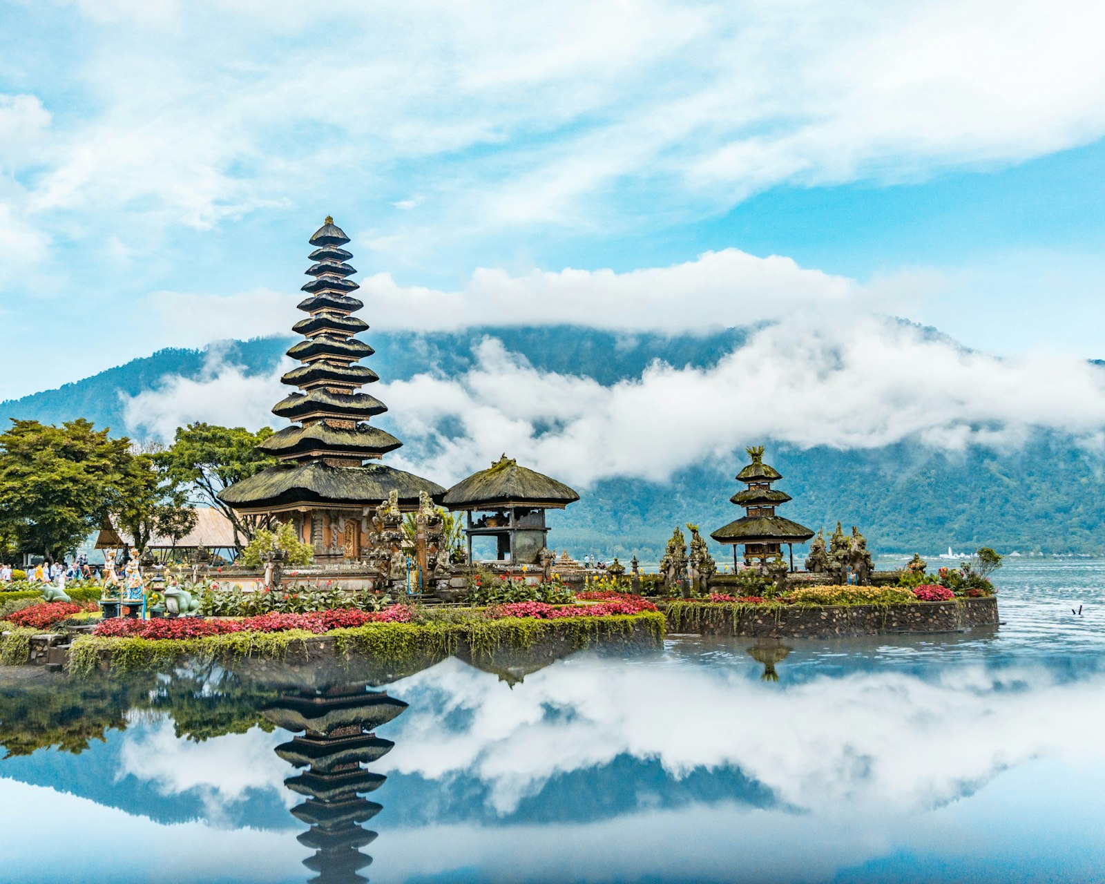 Lakeside Balinese temple mirrored in still water