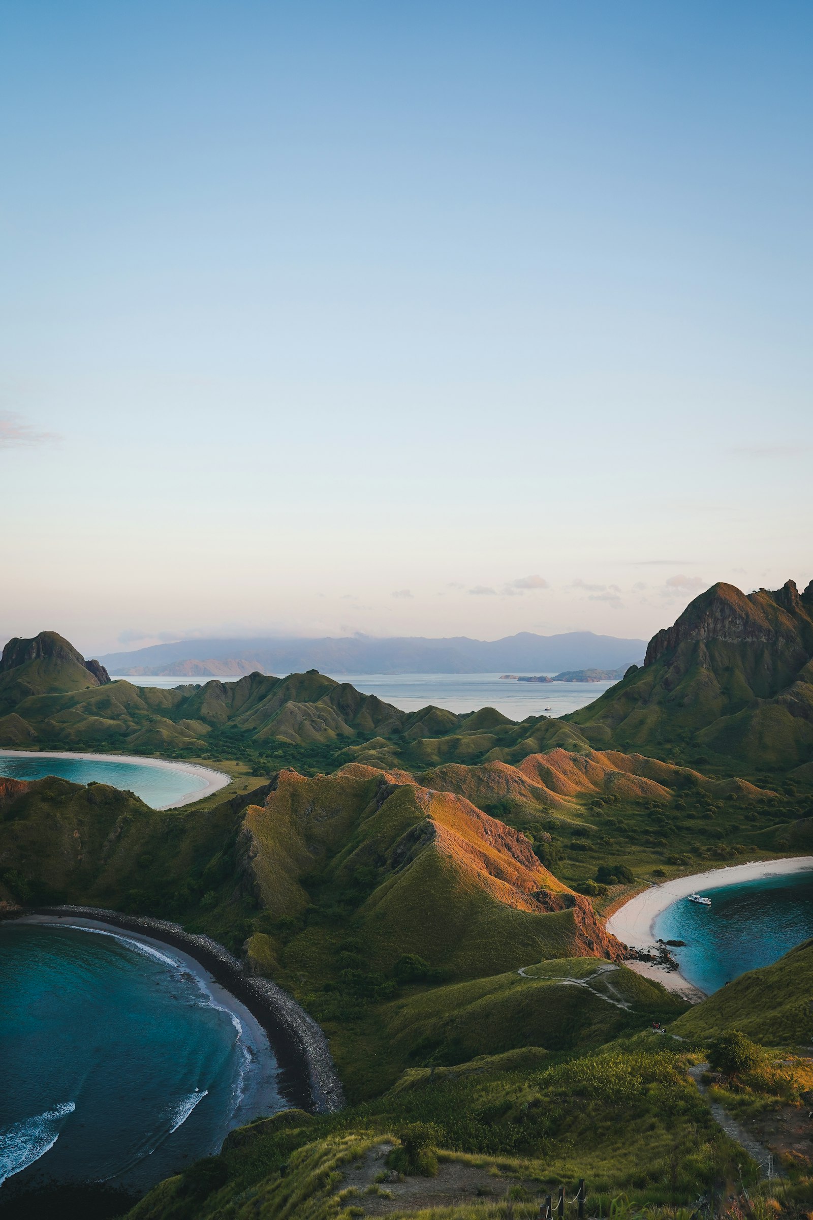 Aerial of Padar Island's curving bays Komodo