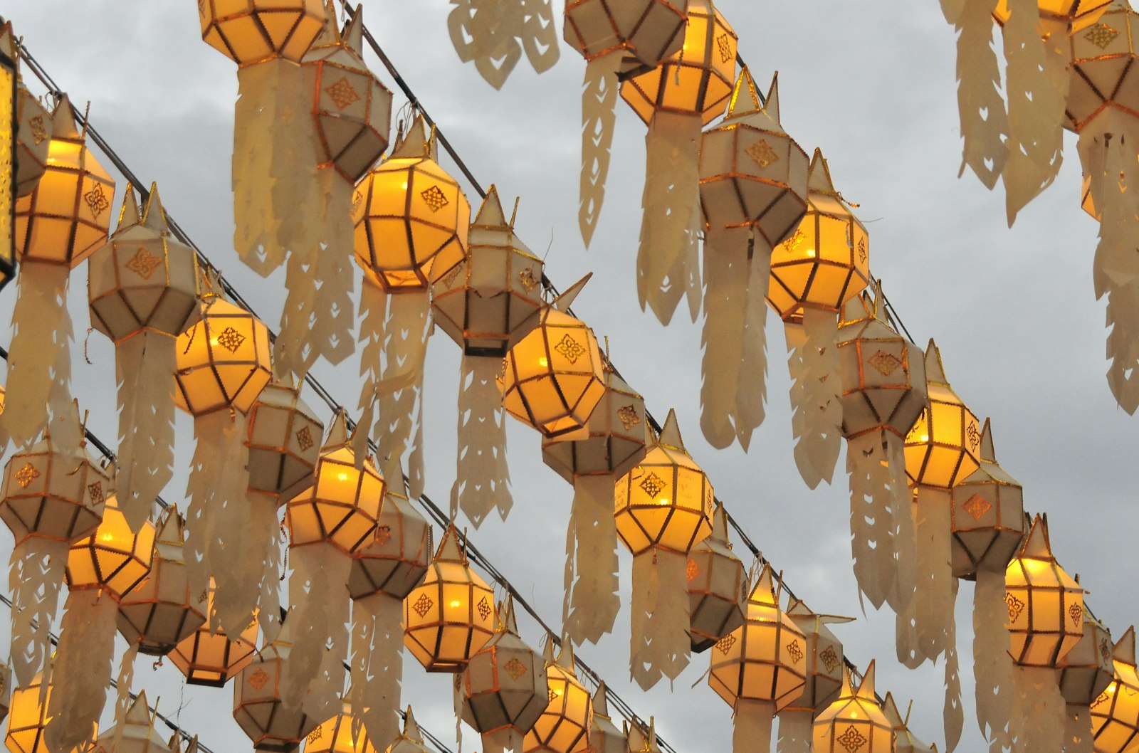 Loi Krathong lanterns hanging in Lamphun Thailand