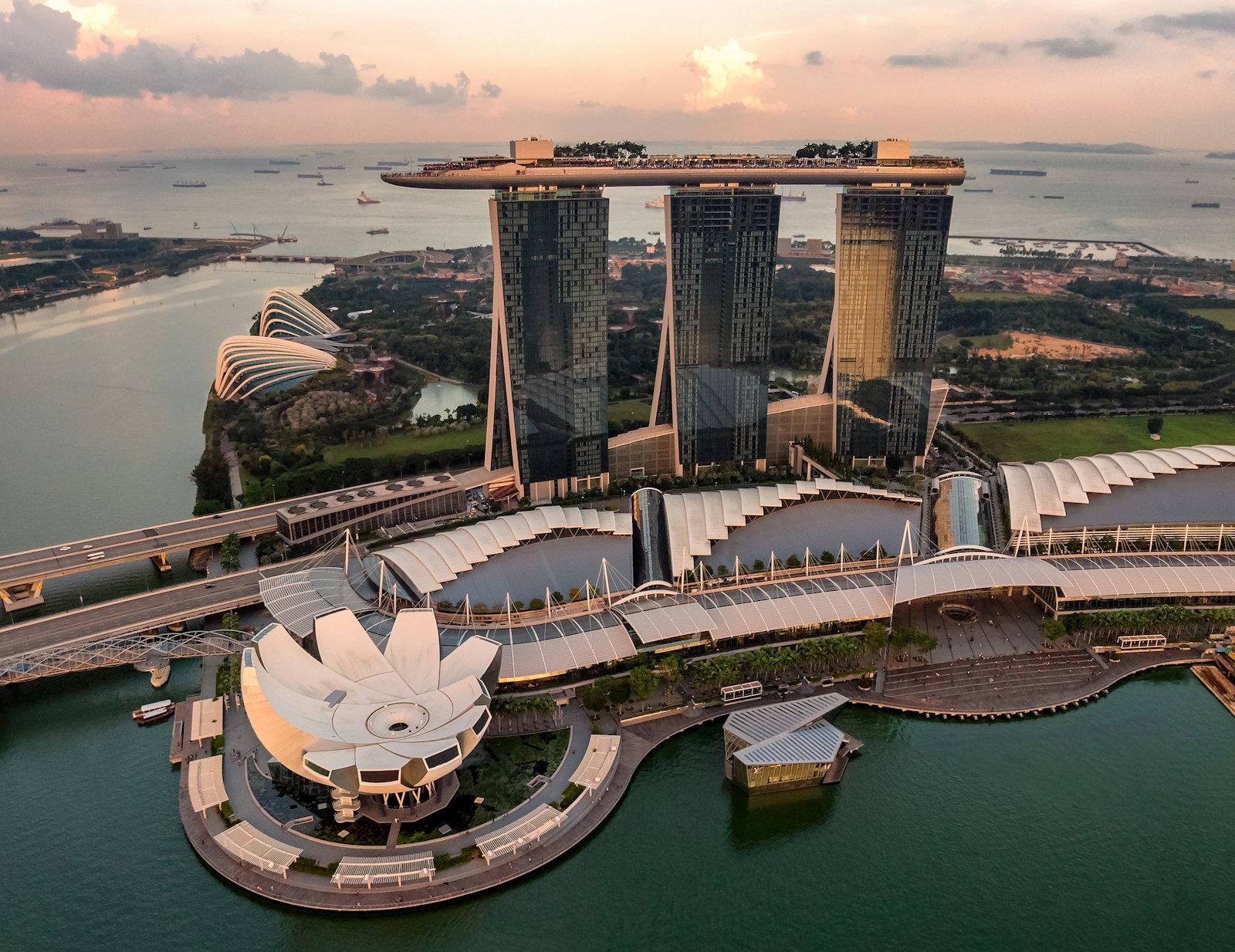 Aerial view of Marina Bay Sands Singapore at dusk