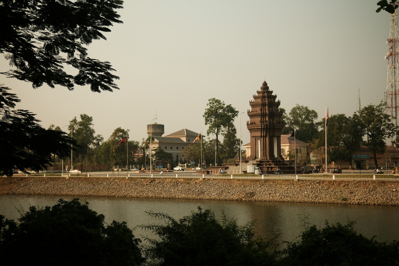 Battambang riverfront clock tower at low light