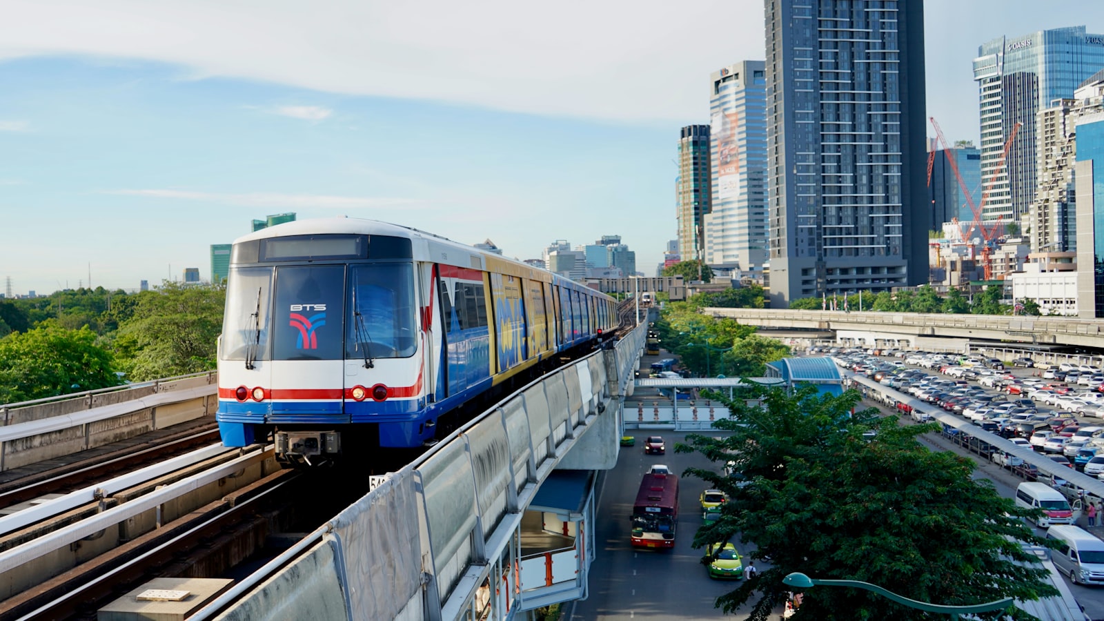 BTS Skytrain on an elevated bridge in Bangkok