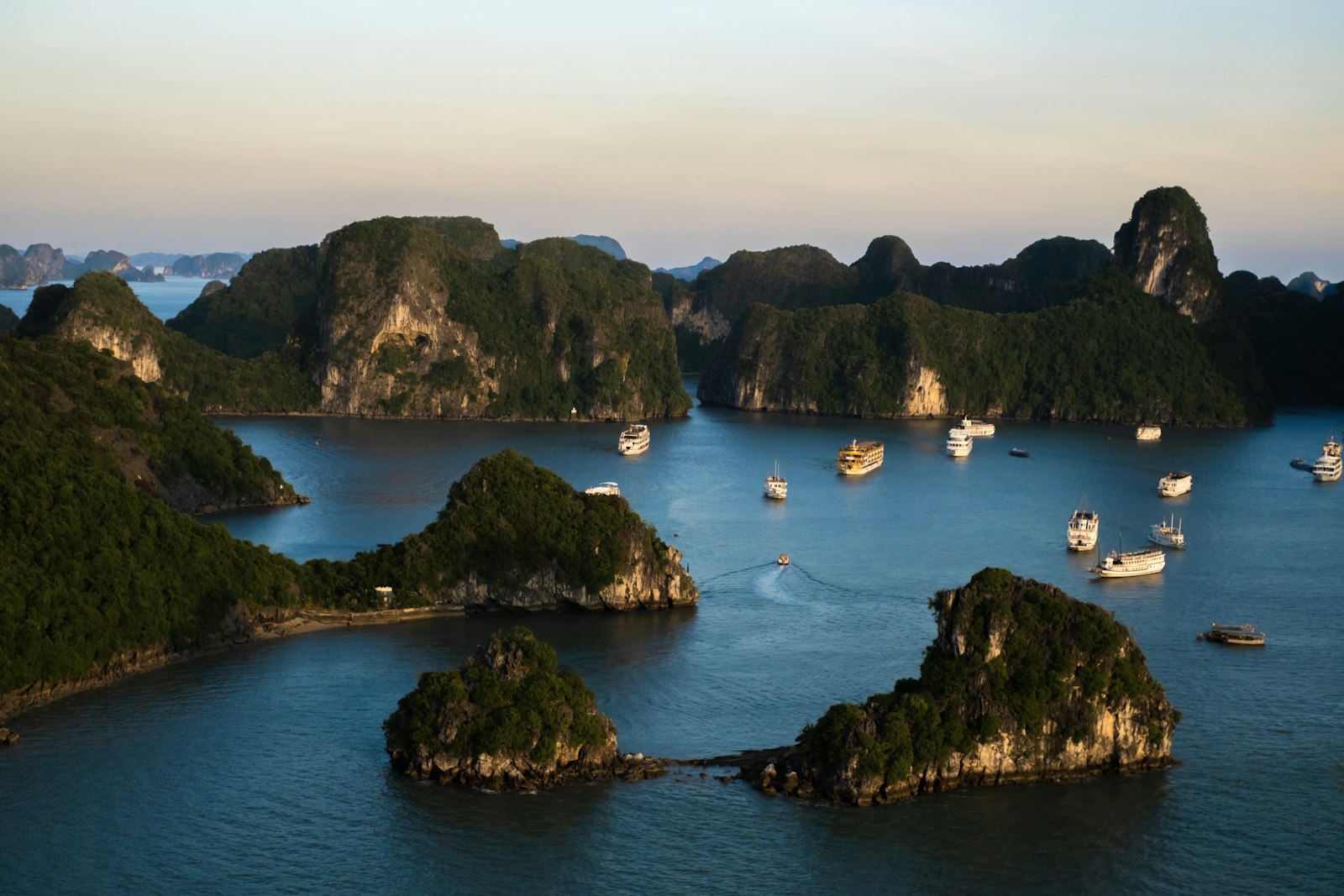 Boats at sunset in Halong Bay, Vietnam