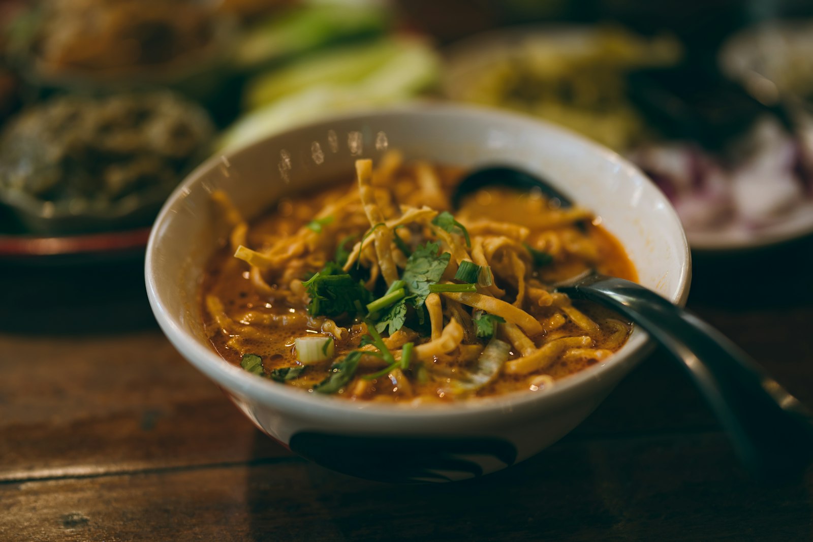 Bowl of khao soi northern Thai curry noodles