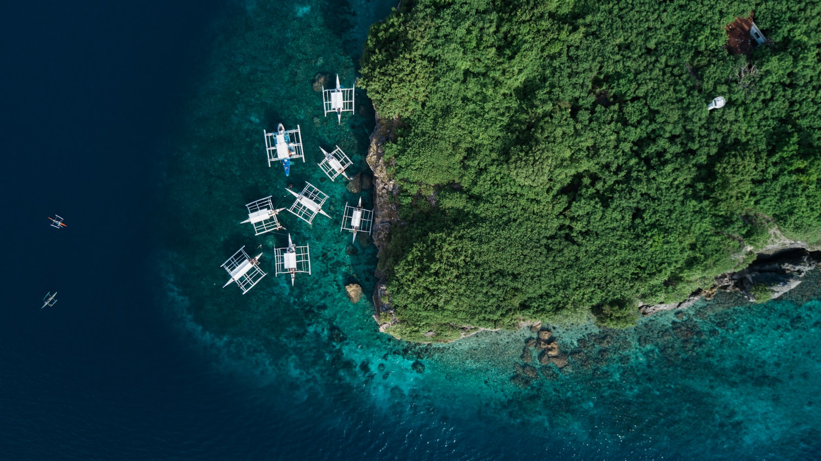 Aerial view of white outrigger boats near Pescador Island off Moalboal, Cebu — the snorkel and dive day-trip fleet
